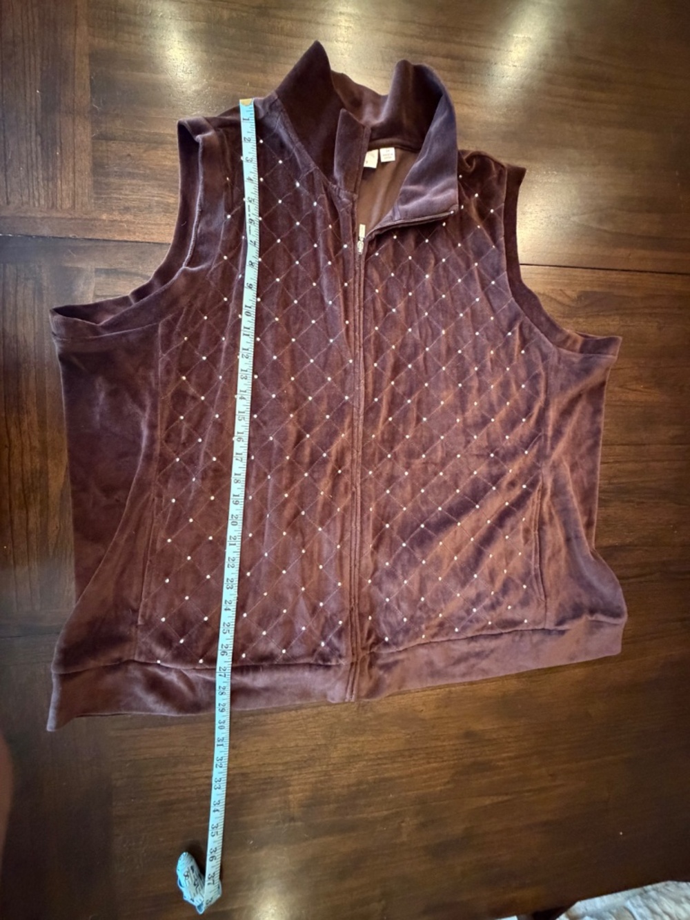 Quacker Factory Brown Velour Quilted Rhinestone Zip Up Vest Sleeveless, Size 3X - Picture 11 of 13